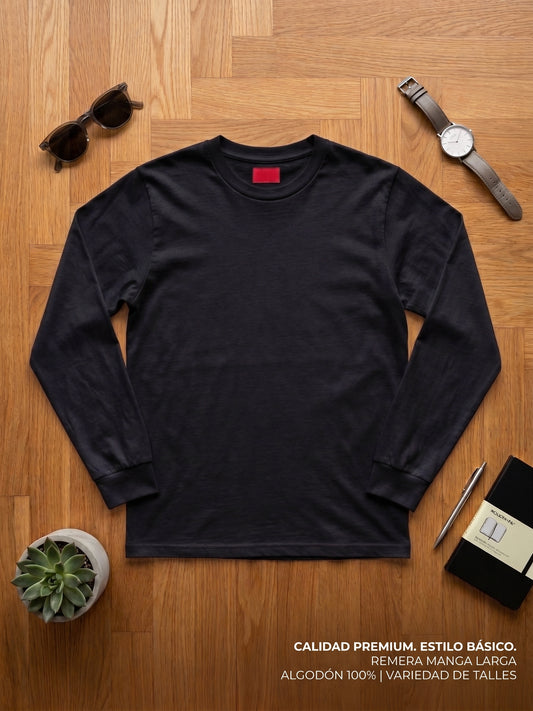 Polera manga larga infantil 100% algodón suave premium. NEGRO