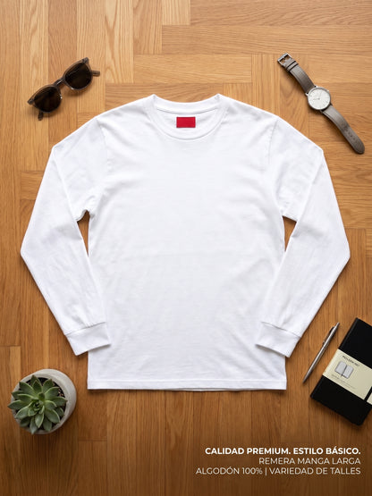 Polera unisex manga larga 100% algodón peinado premium. BLANCO