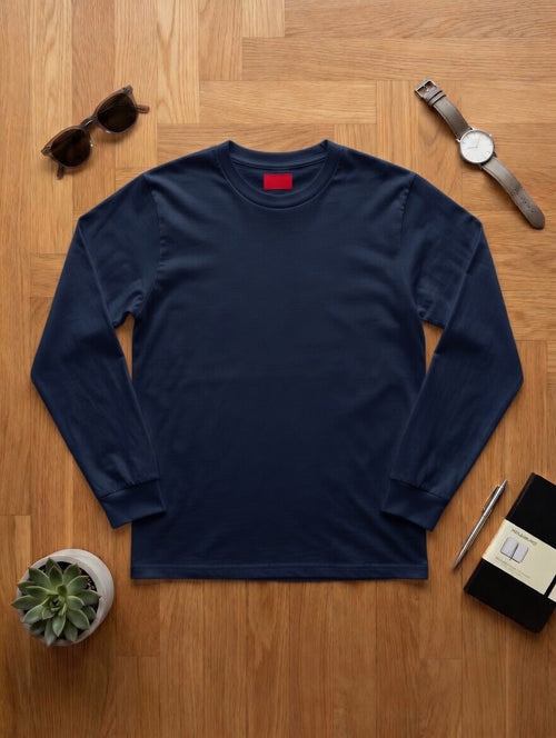 Polera unisex manga larga 100% algodón peinado premium. AZUL MARINO