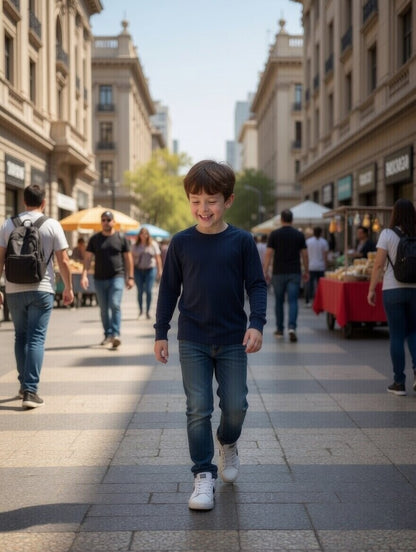 Polera manga larga infantil 100% algodón suave premium. AZUL MARINO