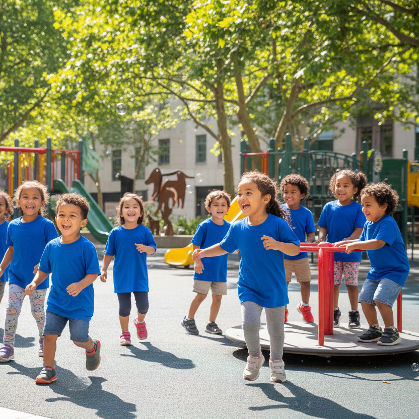 has una imagen de unos niños jugando en la plaza todos con una polera manga corta de color azul rey cada uno de ellos muy feliz 