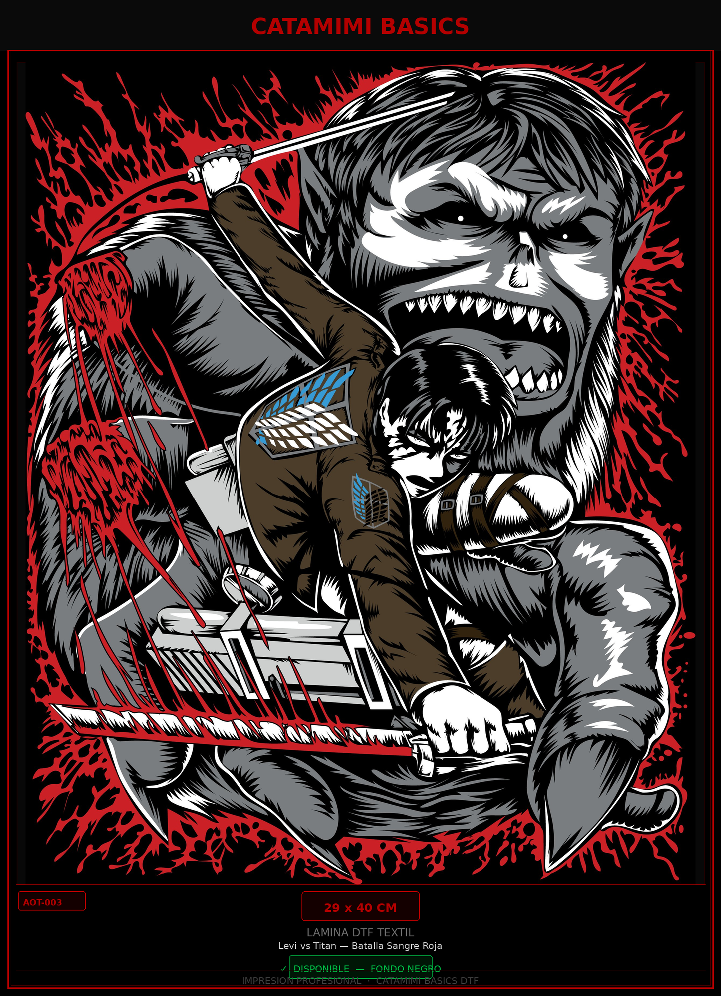 Lámina DTF — Levi vs Titan — Batalla Sangre Roja (AOT-003)
