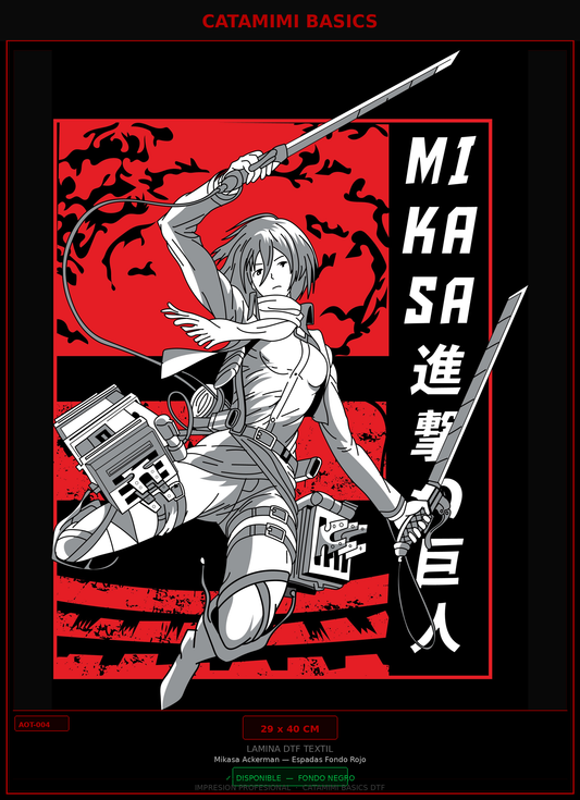 Lámina DTF — Mikasa Ackerman — Espadas Fondo Rojo (AOT-004)