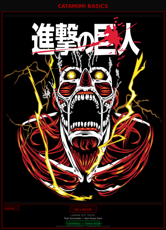 Lámina DTF — Titan Acorazado — Ojos Rayos Kanji (AOT-006)