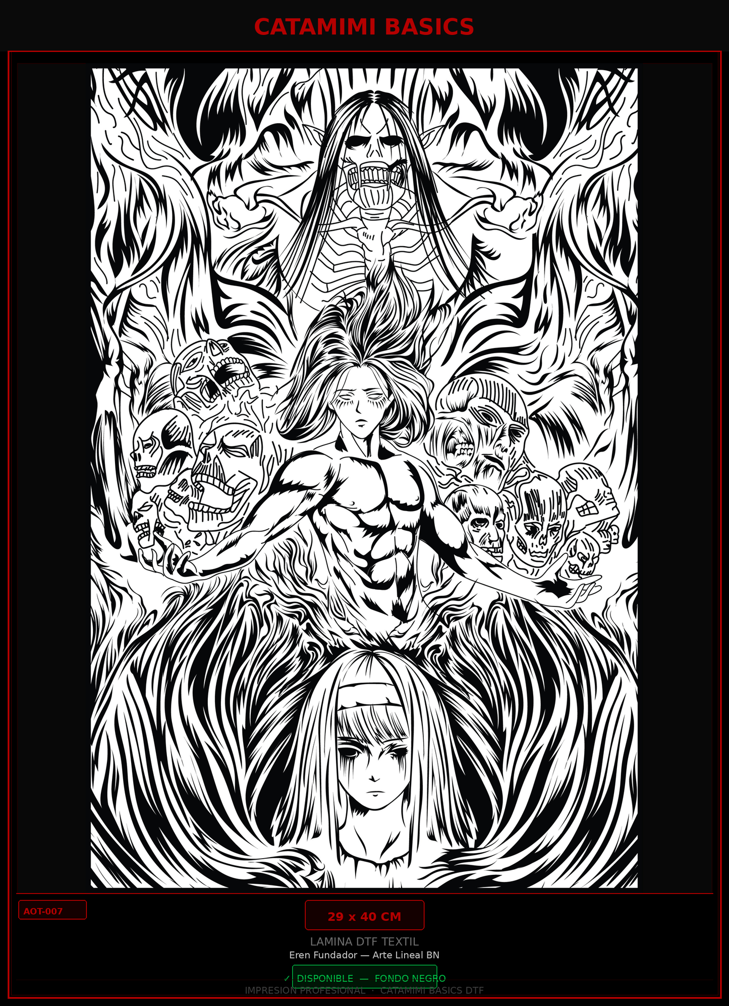 Lámina DTF — Eren Fundador — Arte Lineal Blanco y Negro (AOT-007)