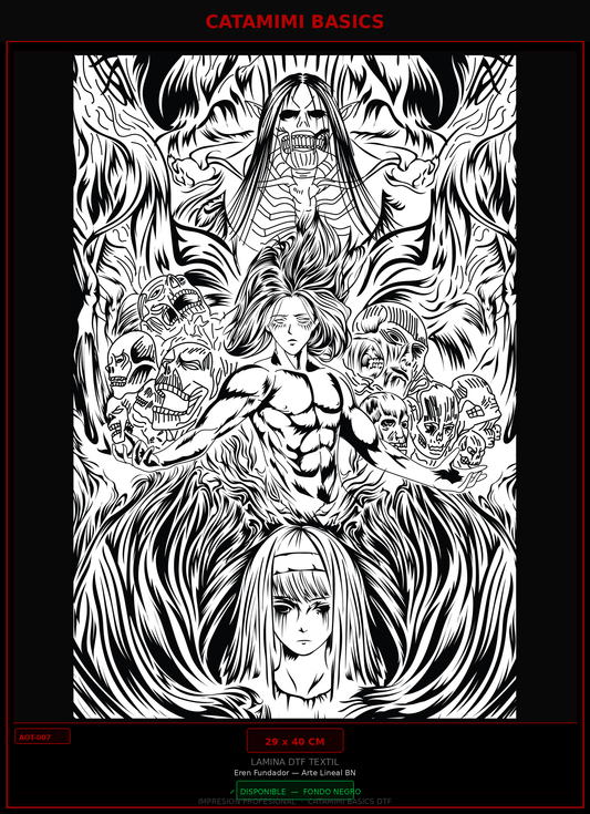 Lámina DTF — Eren Fundador — Arte Lineal Blanco y Negro (AOT-007)