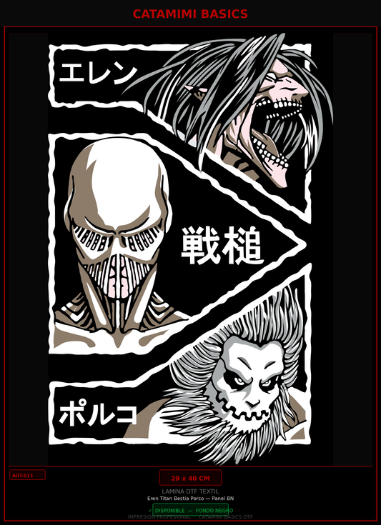 Lámina DTF — Eren Titan Bestia Porco — Panel BN (AOT-013)
