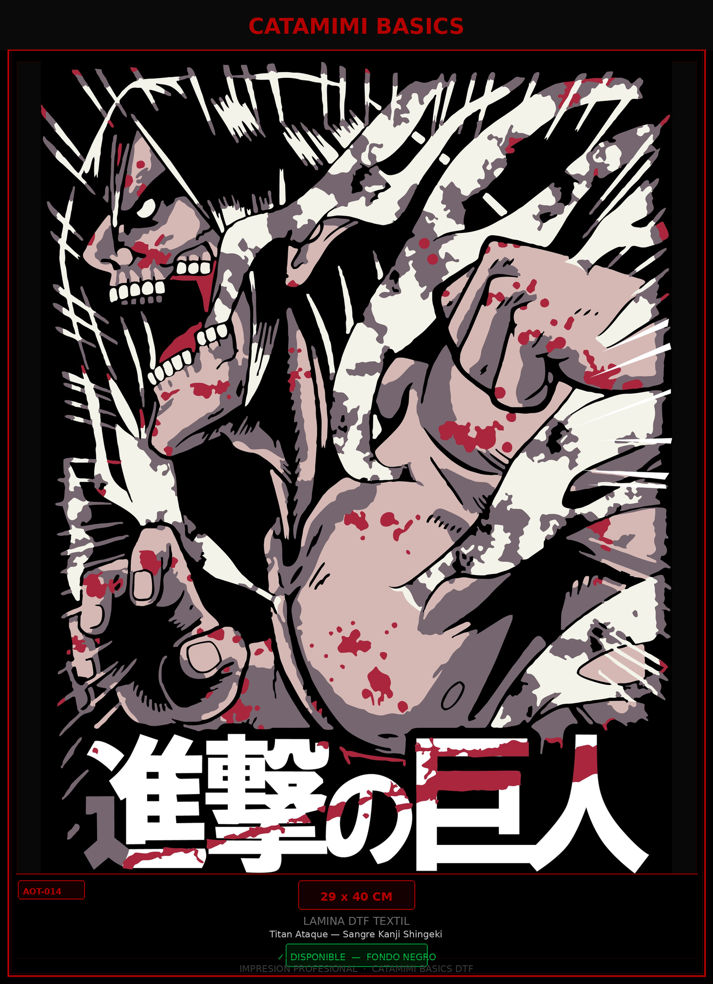 Lámina DTF — Titan Ataque — Sangre Kanji Shingeki (AOT-014)