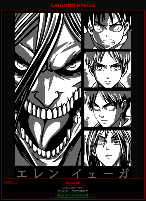 Lámina DTF — Eren Jaeger — Panel Cuadros BN (AOT-019)