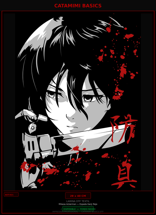 Lámina DTF — Mikasa Ackerman — Espada Kanji Rojo (AOT-021)