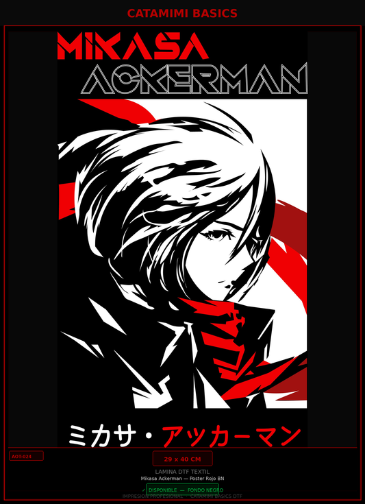 Lámina DTF — Mikasa Ackerman — Poster Rojo BN (AOT-024)