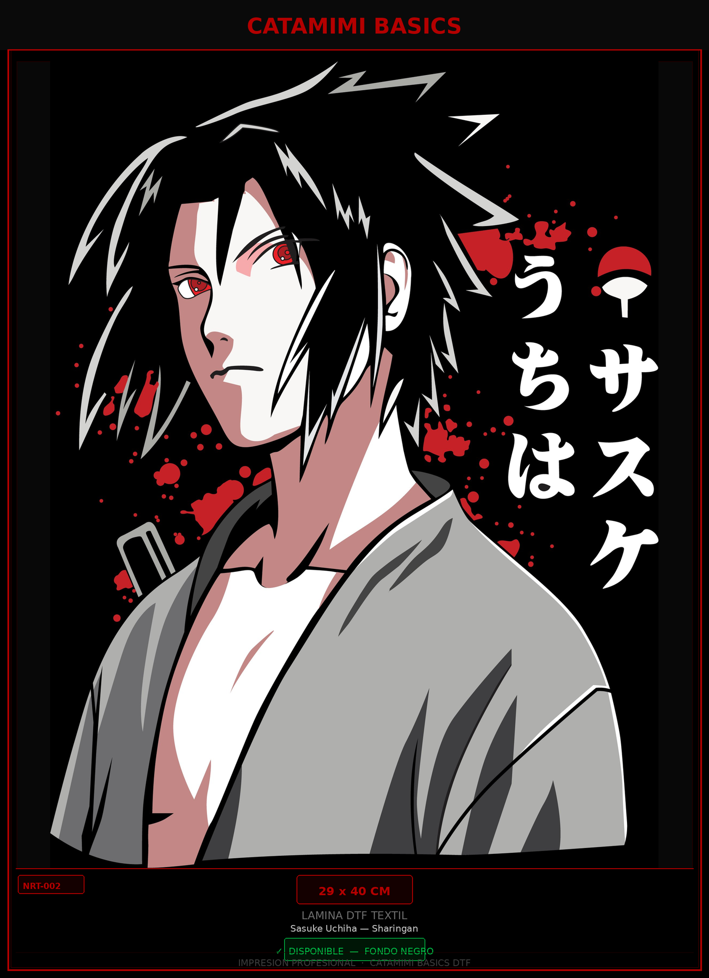 Lámina DTF — Sasuke Uchiha — Sharingan Rojo (NRT-002)